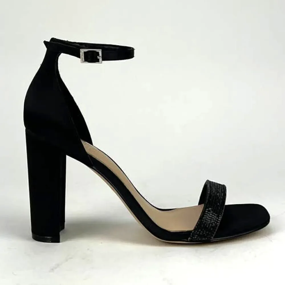 New Jewel Badgley Mischka Women Shoes Black Satin Block Heel Open Sandals US 8.5